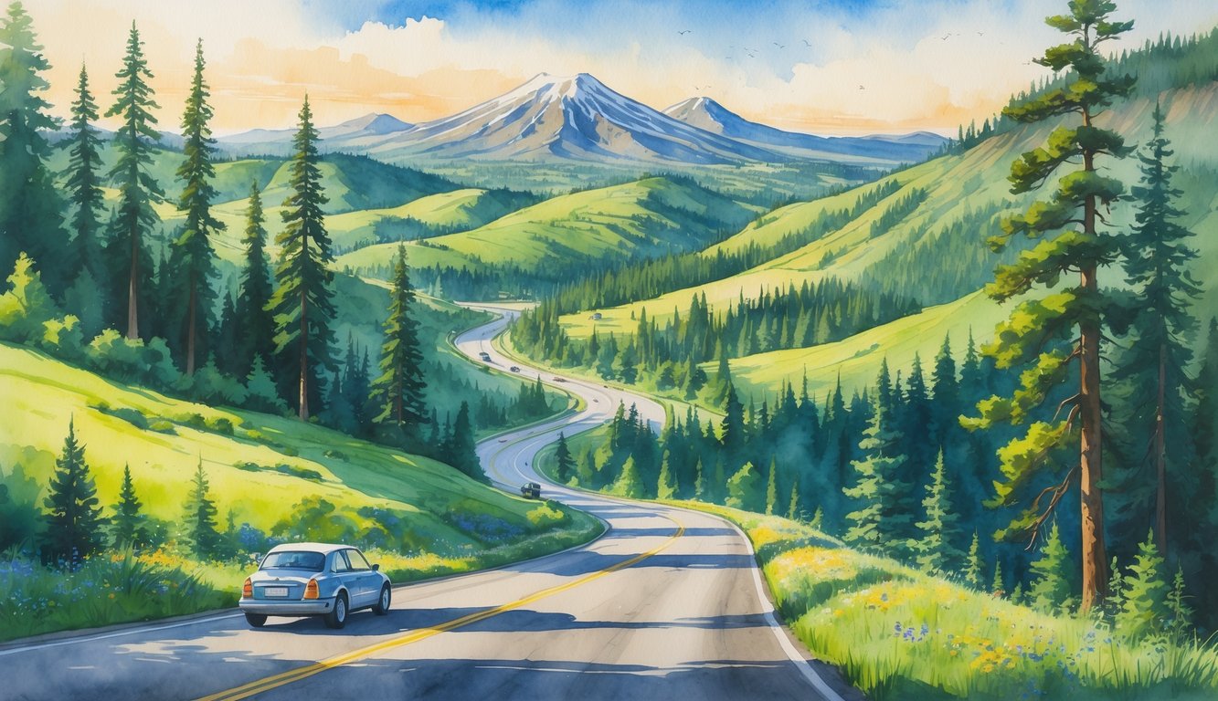 A scenic view of a winding road passing through forests and hills with mountains in the background and cars driving along.