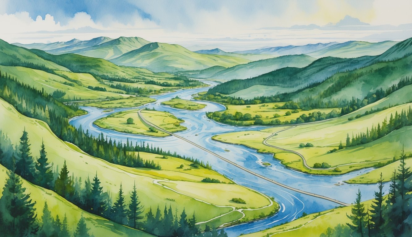 A watercolor scene showing a landscape with hills, forests, rivers, and mountains, illustrating a travel route from Eugene to Bend in Oregon.