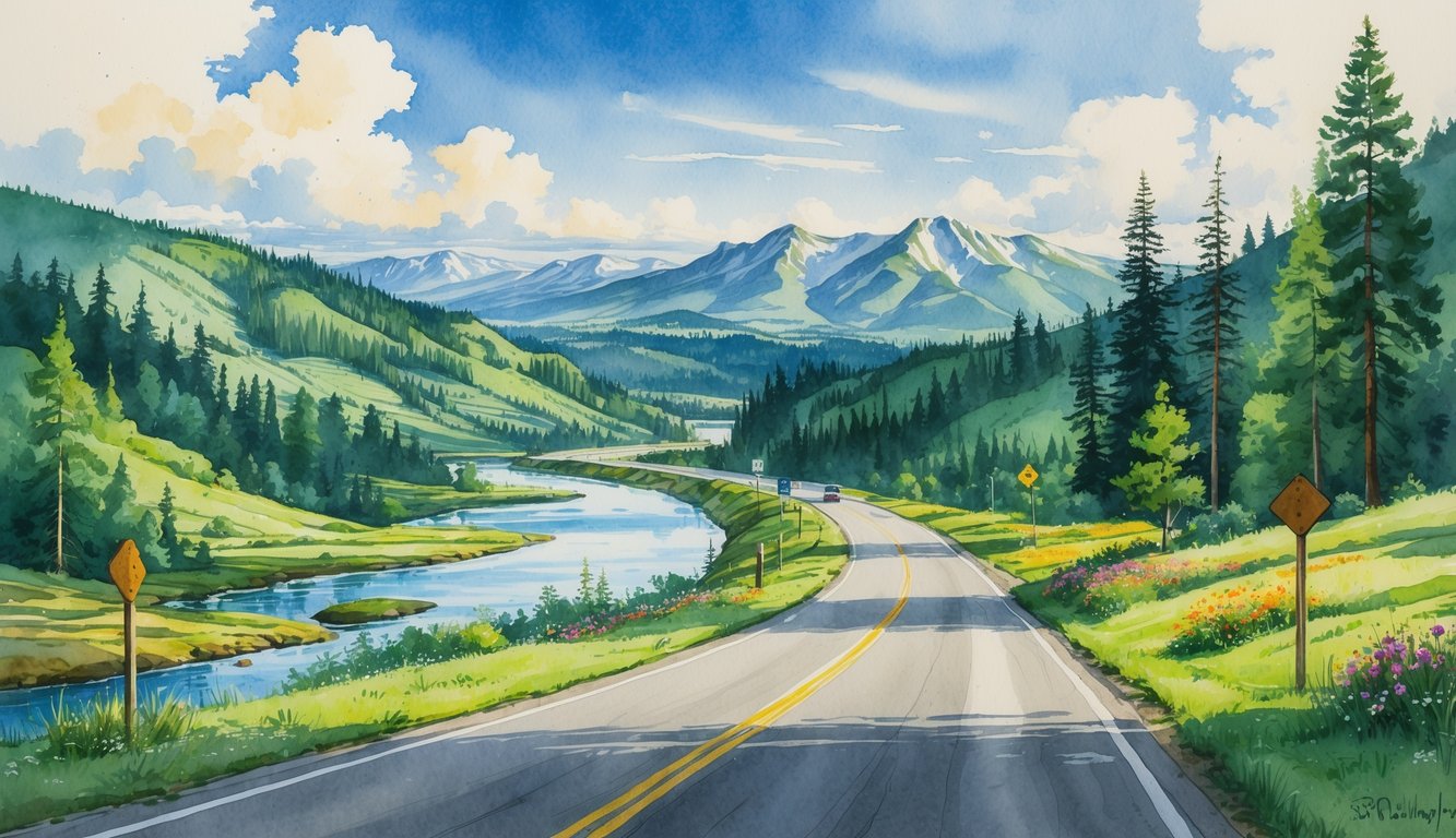 A winding highway passing through green forests and hills with mountains in the background, rivers and lakes alongside the road, under a bright sky with clouds.