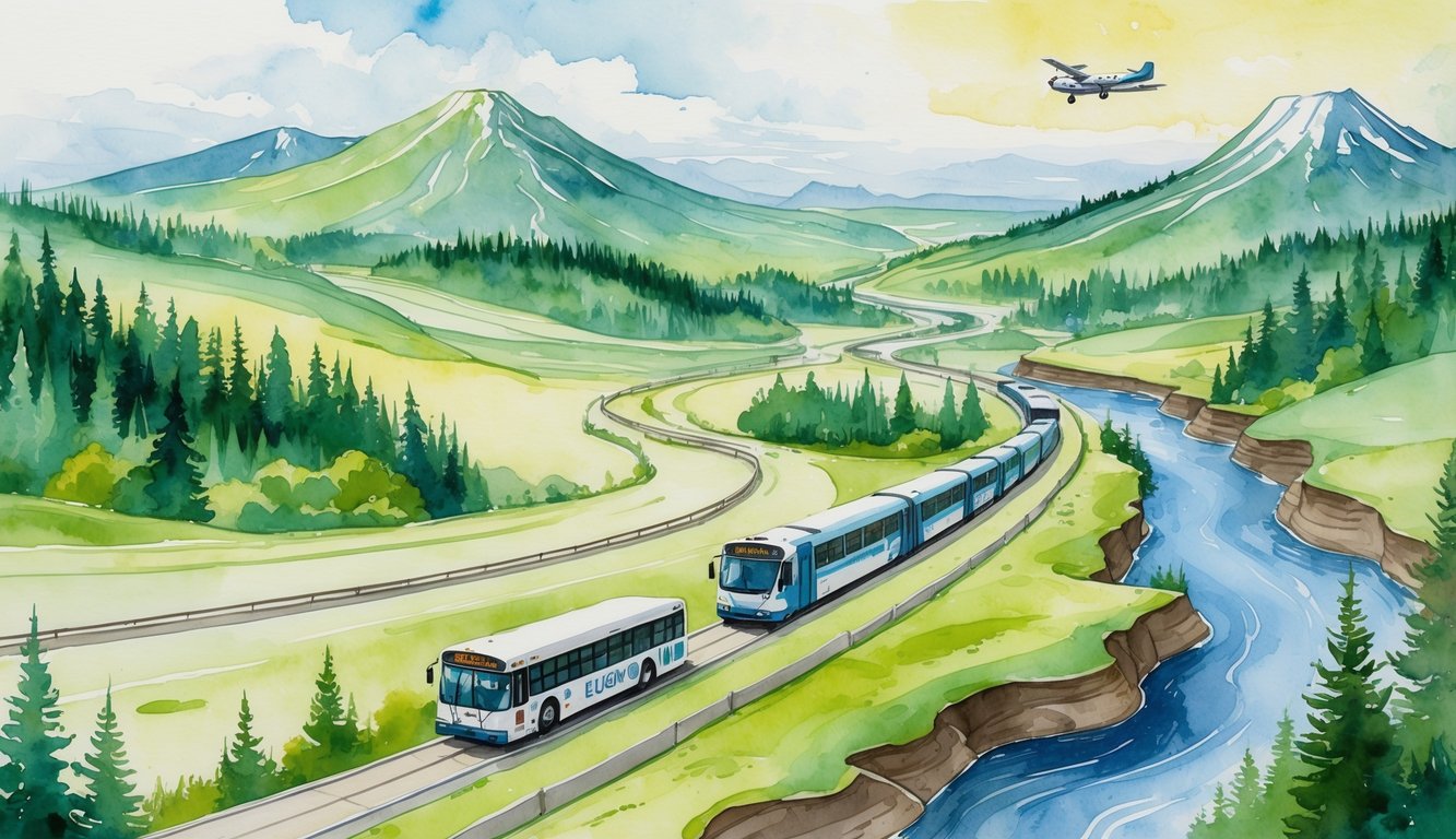 A scenic map showing routes between two cities with a bus, train, and airplane traveling through forests, mountains, and rivers.