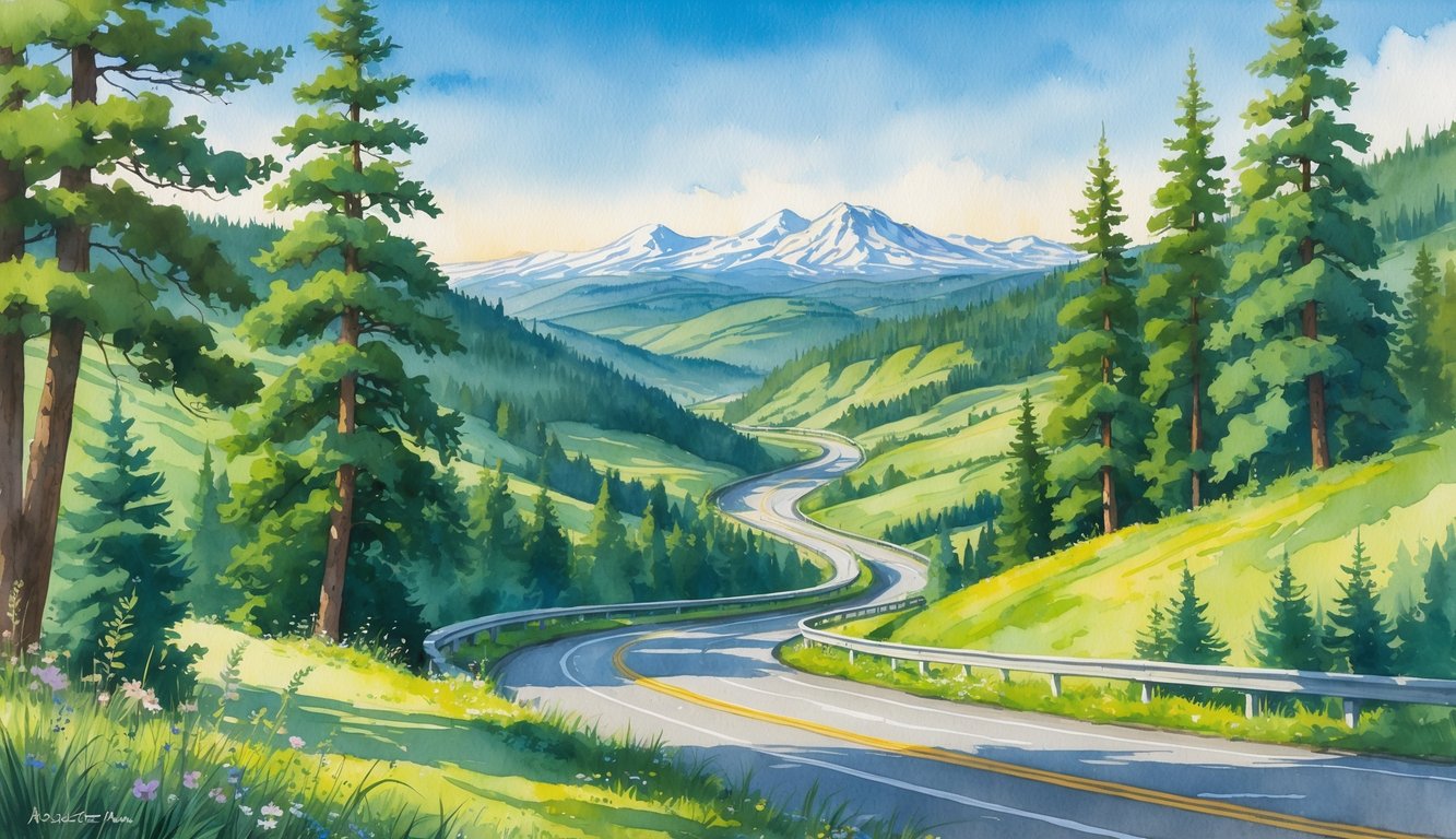 A scenic view of a winding road through green forests and hills, with mountains in the distance and a river running alongside the road.