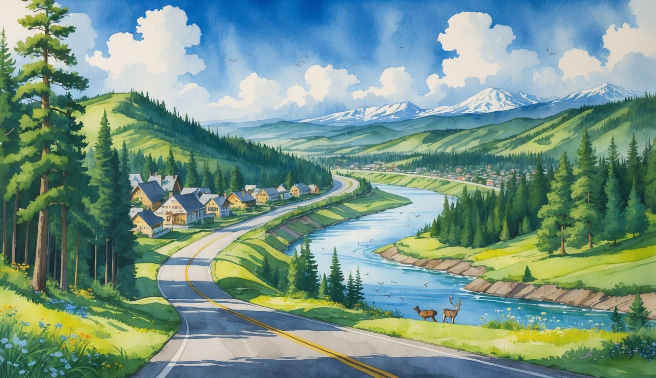 A scenic landscape showing a highway winding through forests, hills, and mountains with rivers and small towns along the route.