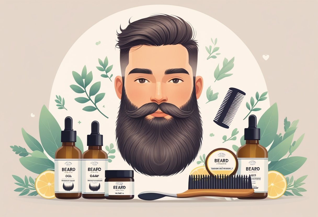 A man with a well-groomed beard surrounded by beard care products including oil, balm, and grooming tools.