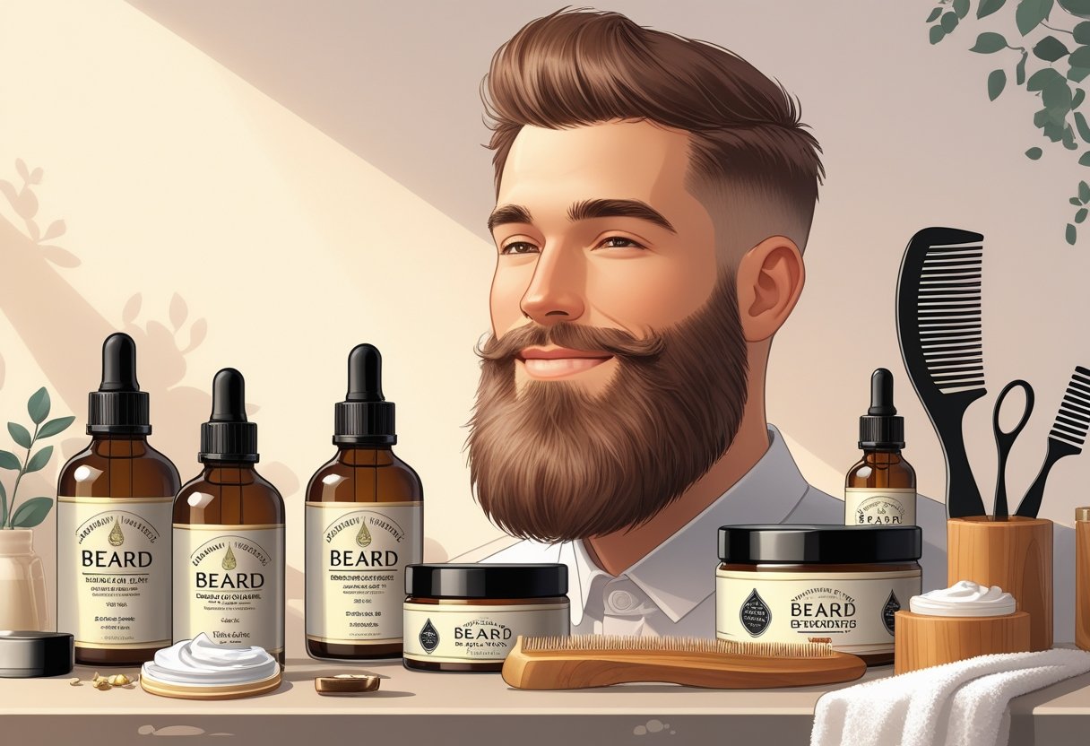 A man with a well-groomed beard surrounded by beard care products such as beard oil, balm, combs, and grooming tools on a clean countertop.