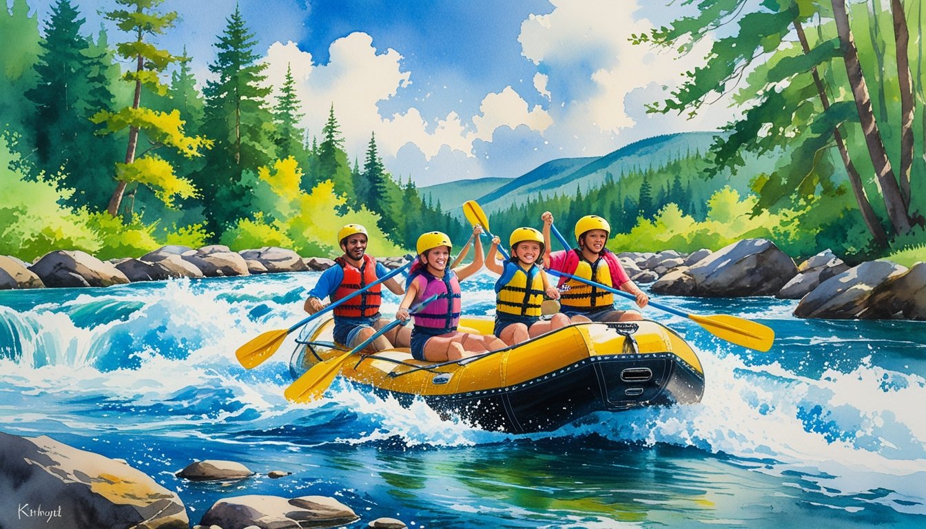 A family of four paddling a raft through white-water rapids on a river surrounded by green trees and rocky banks under a blue sky.