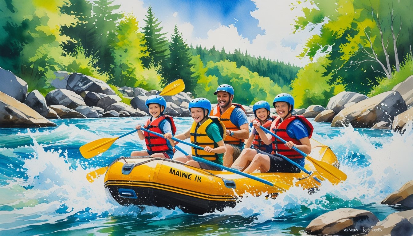 A family paddling together in a raft on a fast-moving river surrounded by green trees and rocks.