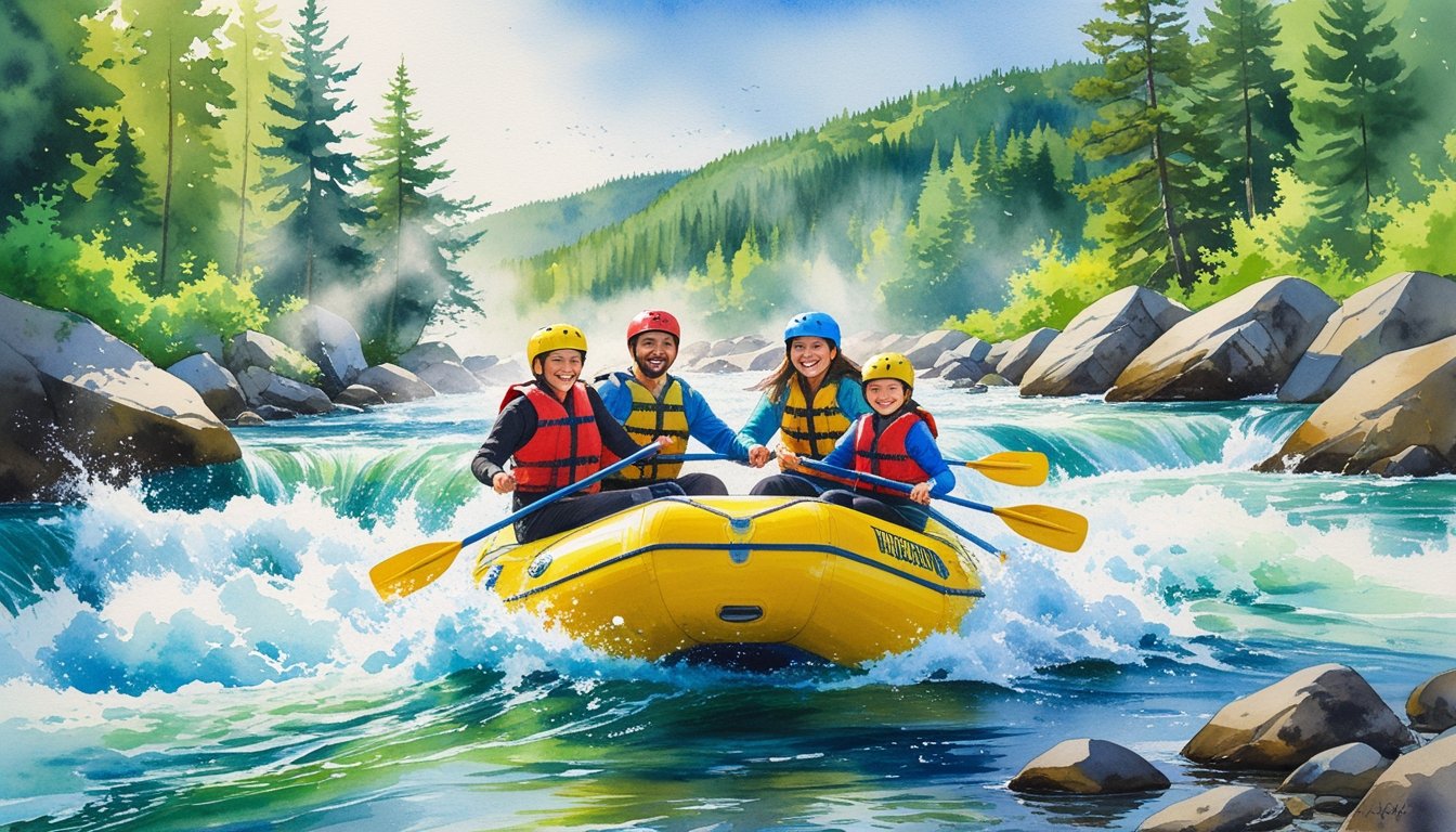 A family of four rafting together on a fast-moving river surrounded by green trees and rocky banks.