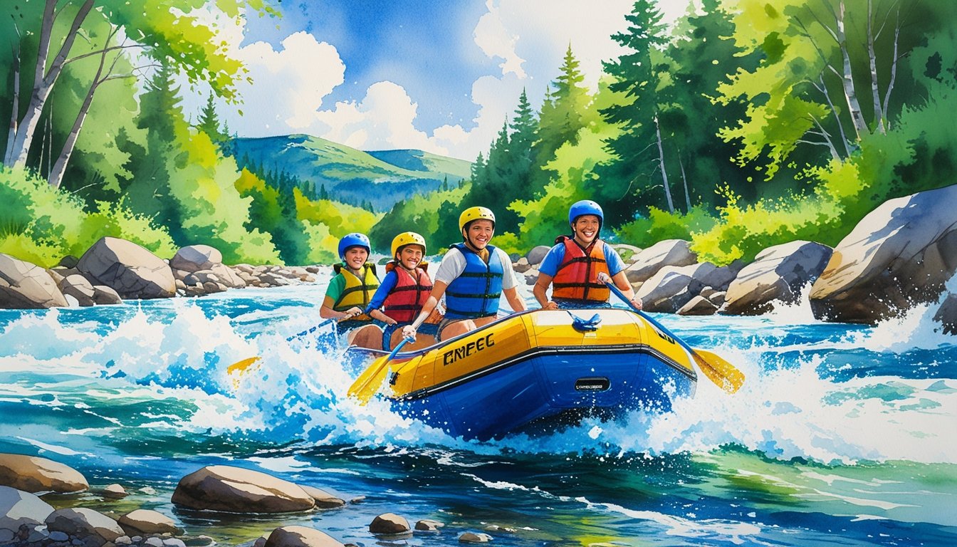 A family of four rafting on a river surrounded by trees, rocks, and mountains under a partly cloudy sky.