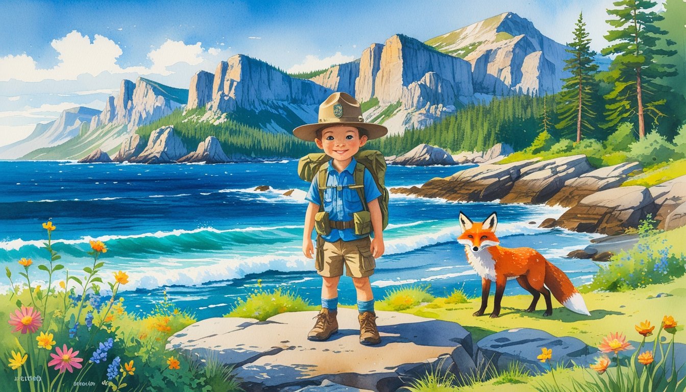 A child wearing a ranger hat stands on a rocky coastline with mountains, forest, and ocean in the background, surrounded by wildflowers and a small red fox.