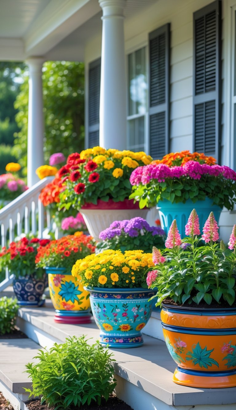 A sunlit porch decorated with colorful planters filled with vibrant blooming flowers.