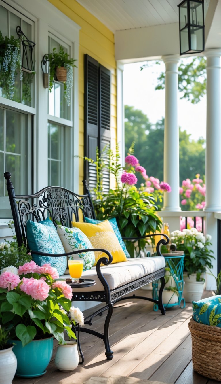 A summer porch with a black wrought iron bench, colorful flowers, green plants, and decorative cushions in natural sunlight.