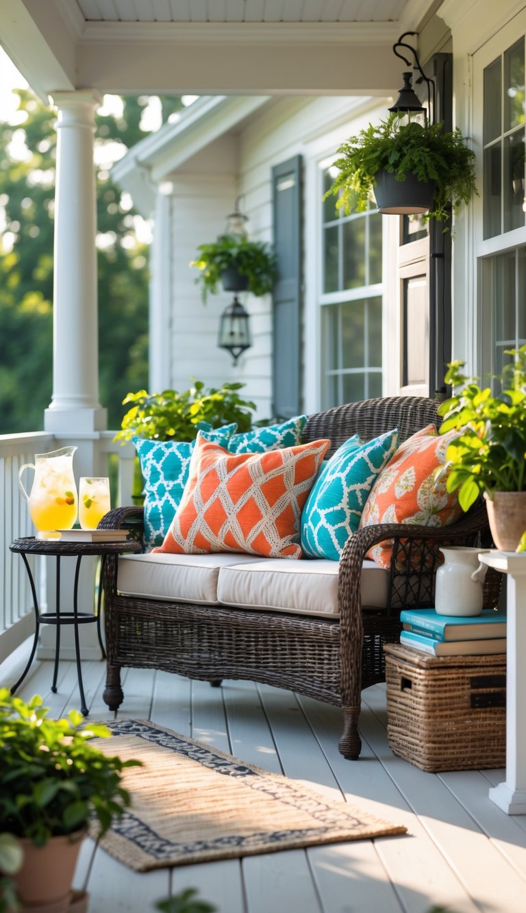 A summer porch with a bench decorated with colorful weather-resistant throw pillows, surrounded by green plants and a small table with a pitcher and books.