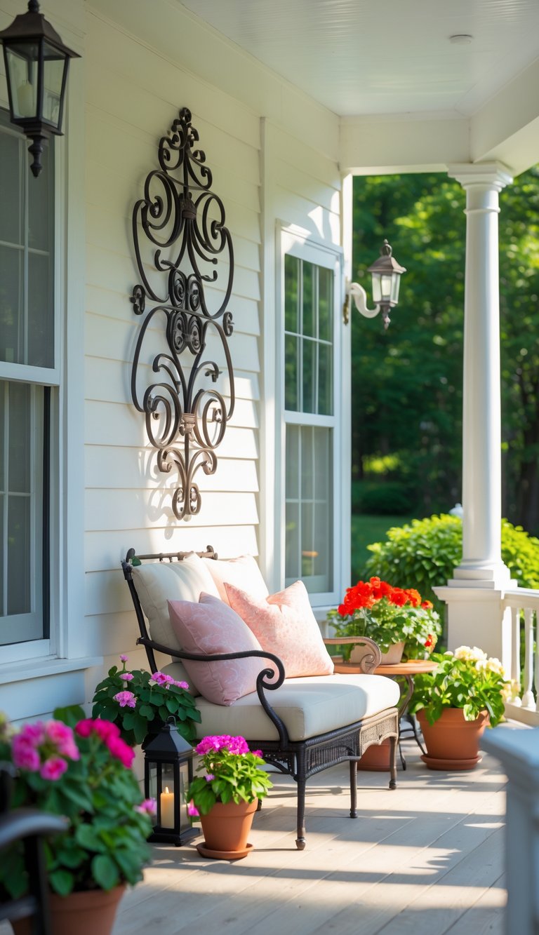A summer porch with a wrought iron wall decoration, comfortable seating, and colorful potted flowers.
