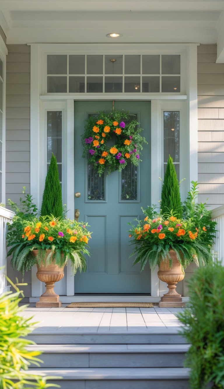 Front porch with a door framed by two tall planters filled with green plants and colorful flowers.