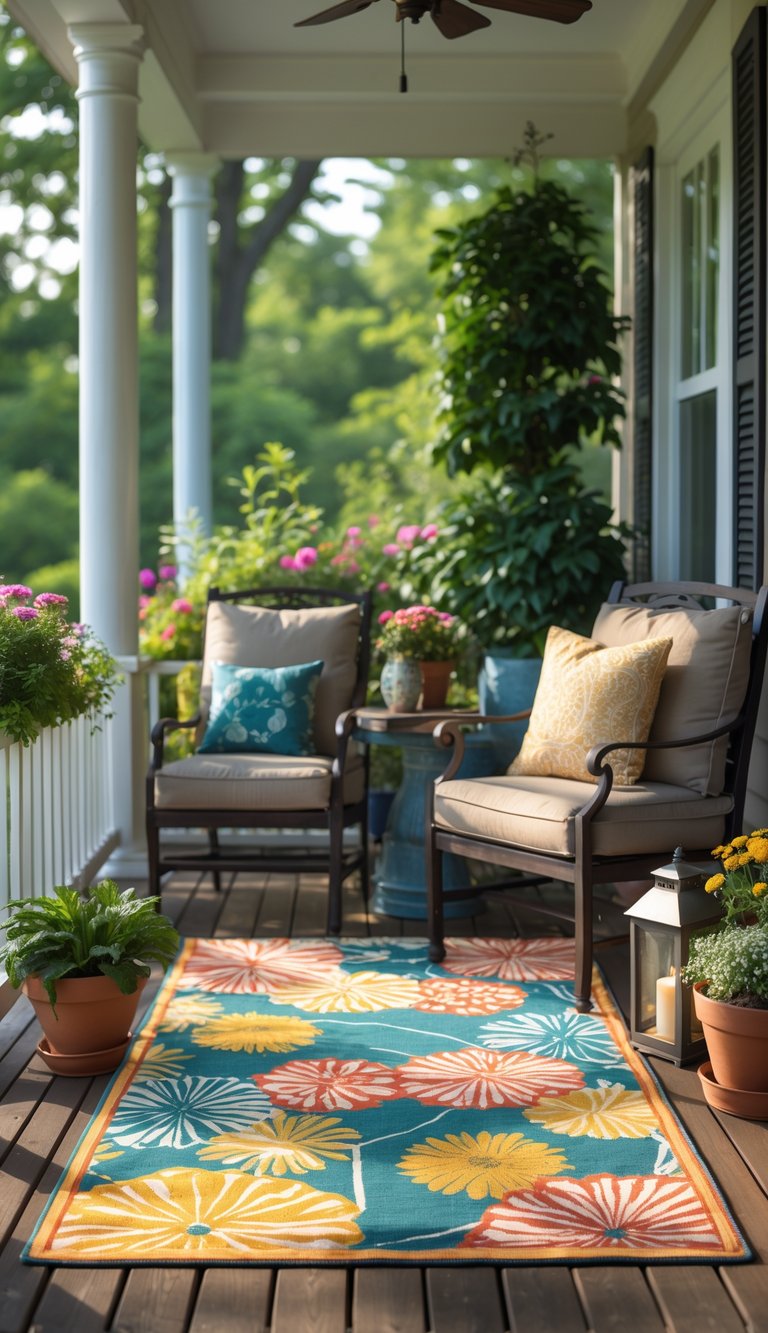 A cozy outdoor porch with a colorful summer-patterned rug, cushioned seating, plants, and sunlight.