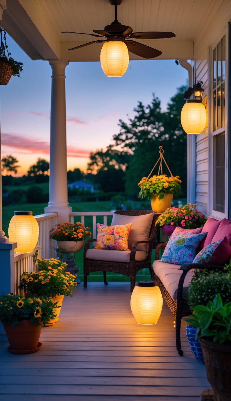 A summer porch at dusk with solar-powered lanterns lighting the area, surrounded by seating, flowers, and greenery.