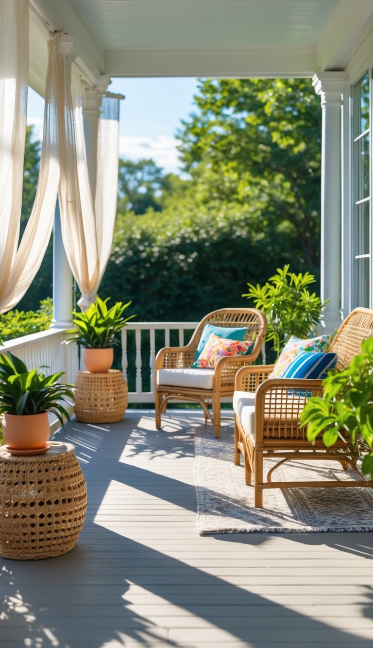 A sunny porch with wicker and bamboo furniture, colorful cushions, potted plants, and greenery in the background.