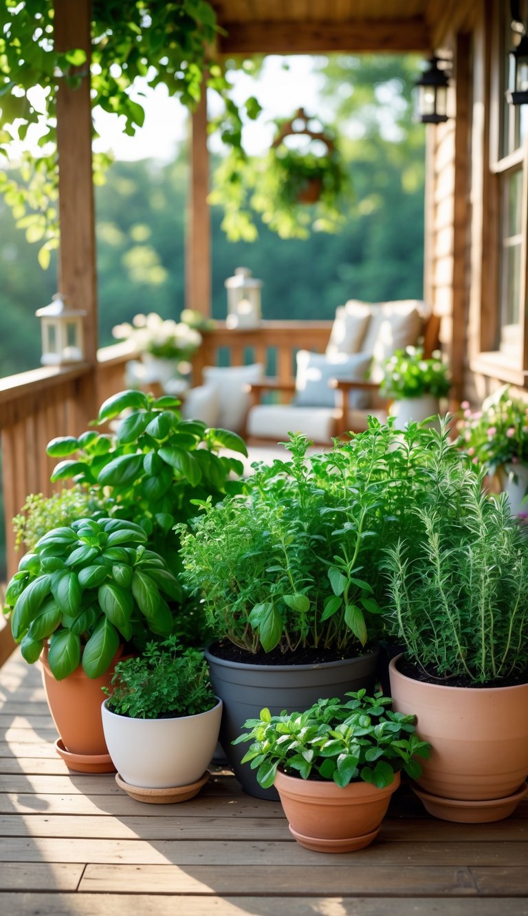 A summer porch with various pots of fresh herbs arranged as an edible container garden, surrounded by outdoor seating and decorative elements.