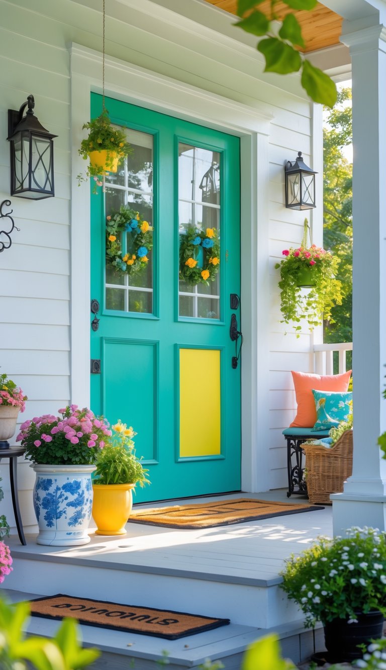 A summer porch with a freshly painted bright door or trim, decorated with flowers, plants, and outdoor seating.