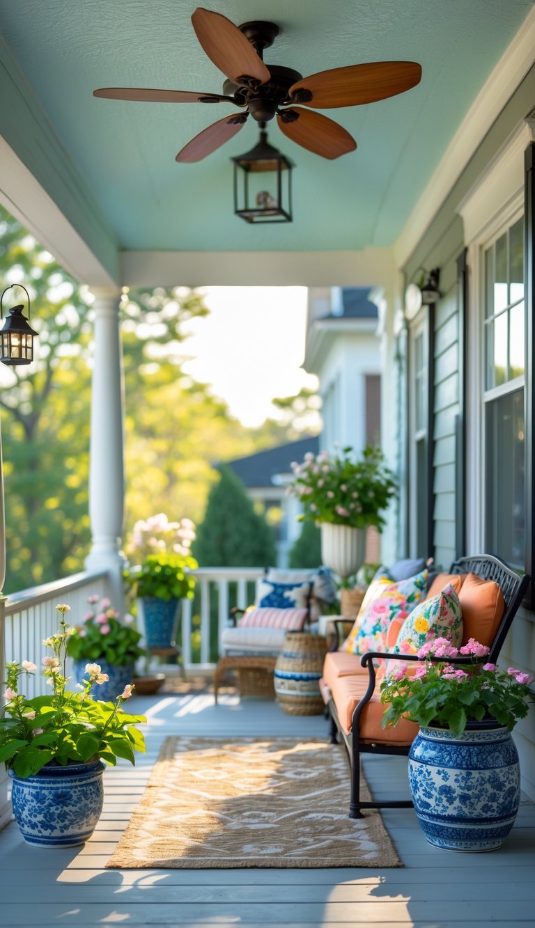 A summer porch with comfortable seating, potted plants, decorative lanterns, and a ceiling fan overhead.