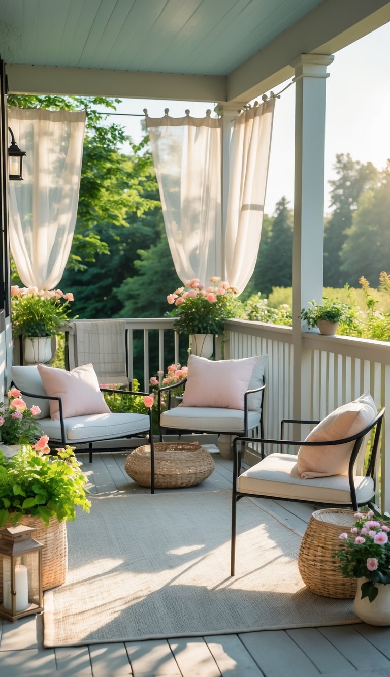 A summer porch with slim furniture, cushions, potted plants, and soft natural light creating a cozy outdoor seating area.