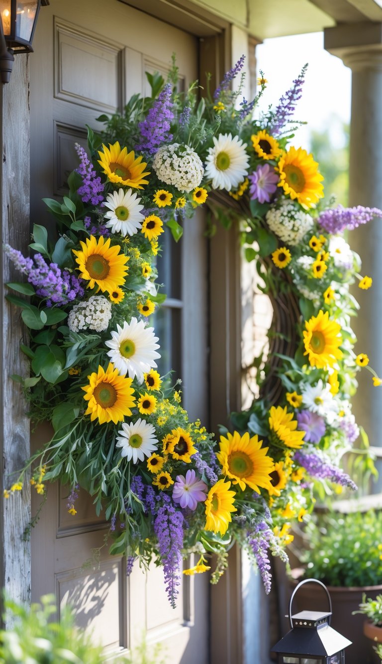 A summer porch with a colorful wreath made of seasonal flowers hanging on a wooden door, surrounded by potted plants and outdoor decor.