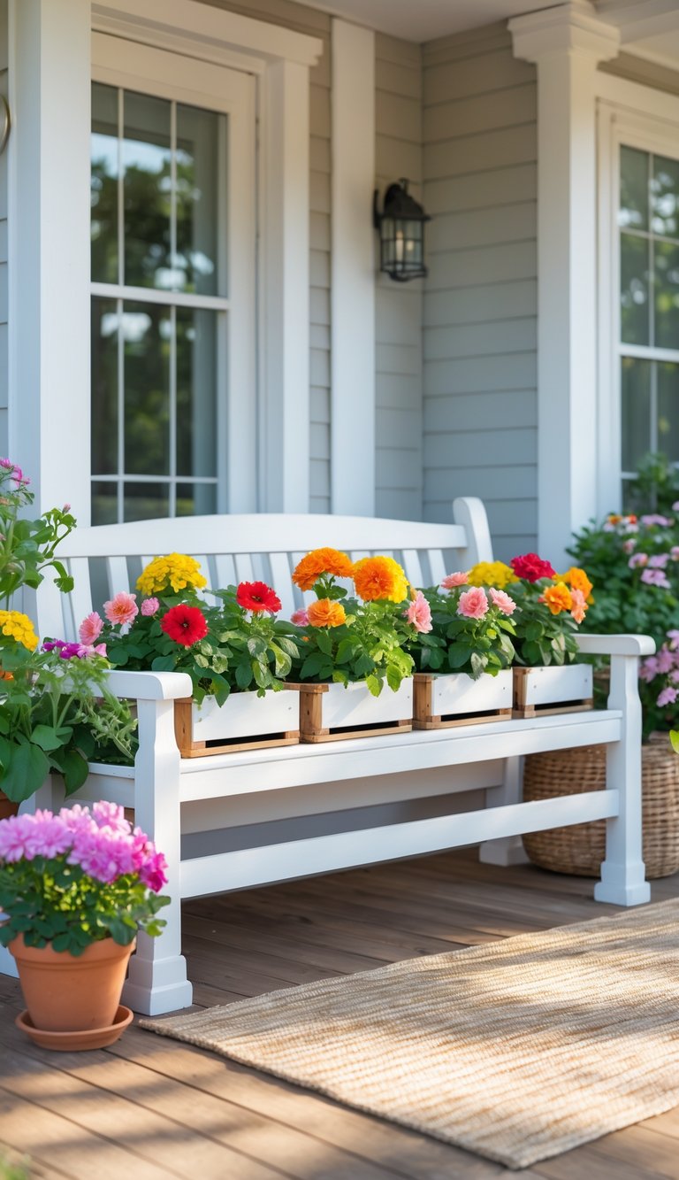 A wooden bench with built-in flower boxes filled with colorful summer flowers on a sunny porch.