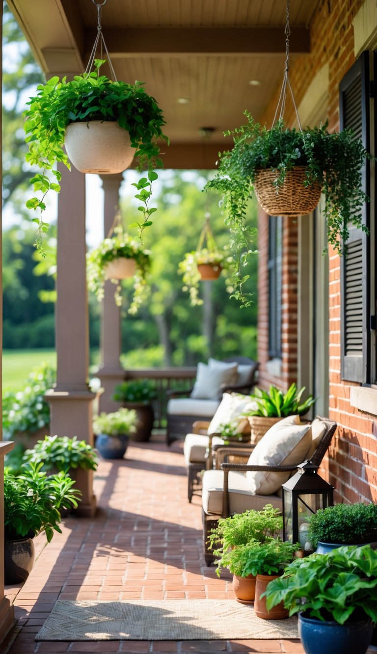 A summer porch with hanging plants along red brick walls and outdoor furniture.