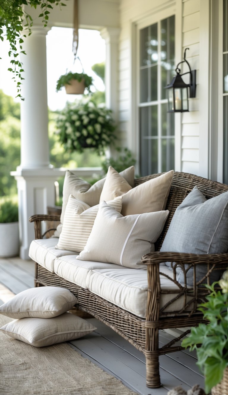A porch with a wooden bench layered with neutral-toned outdoor pillows and surrounded by plants.