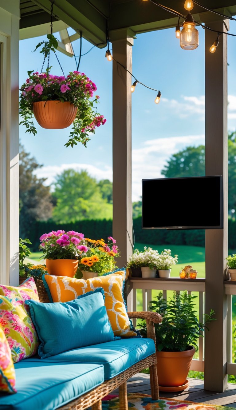 A summer porch with colorful flowers, comfortable seating, string lights, and a small outdoor television mounted on a wooden post.