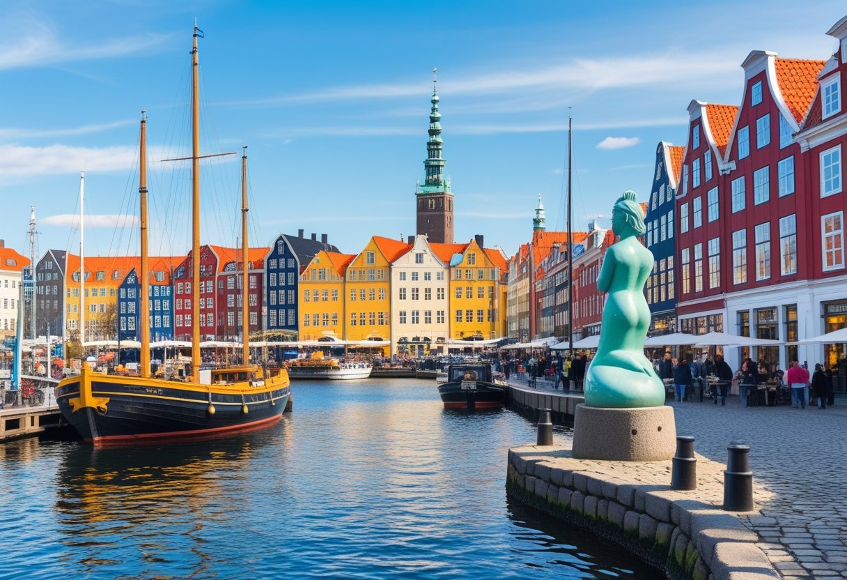A collage of Copenhagen landmarks including colorful Nyhavn harbor, the Little Mermaid statue, the Copenhagen Opera House, and a busy pedestrian street with people and outdoor cafes.