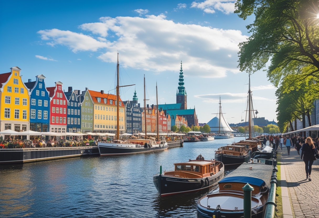 Panoramic view of Copenhagen's colorful Nyhavn harbor with historic buildings, boats, outdoor cafes, church spires, and modern architecture on a sunny day.