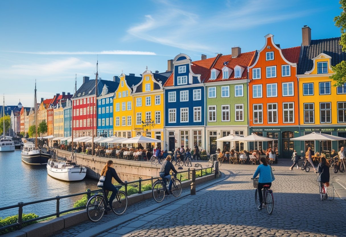 Panoramic view of colorful buildings, boats in a harbor, cyclists, and people walking in a lively neighborhood in Copenhagen on a sunny day.