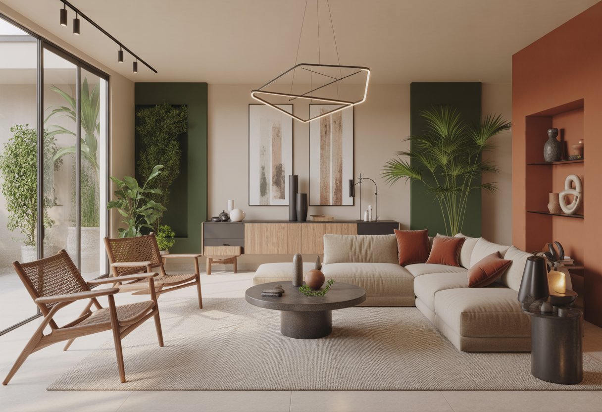 A bright living room with large windows, modern furniture, indoor plants, and decorative art pieces.