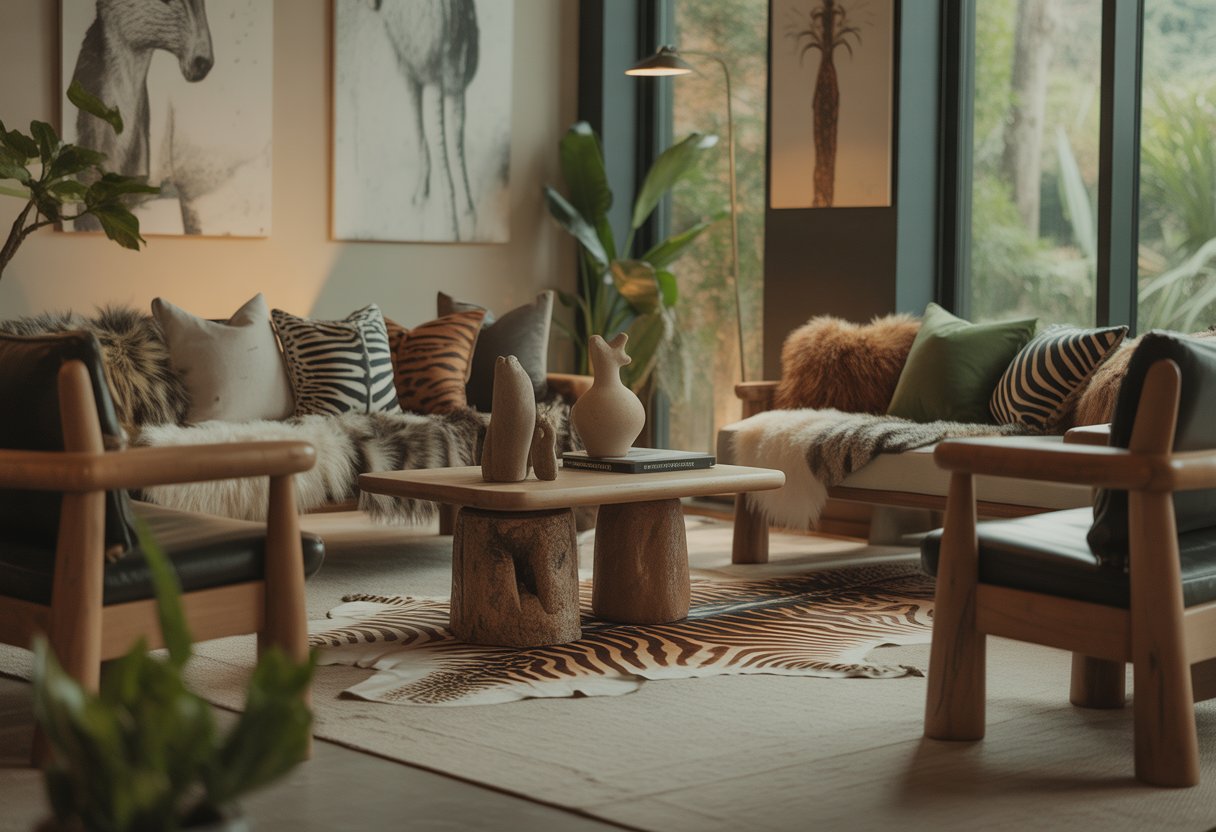 A modern living room with animal print cushions, wooden furniture, indoor plants, and natural light coming through large windows.