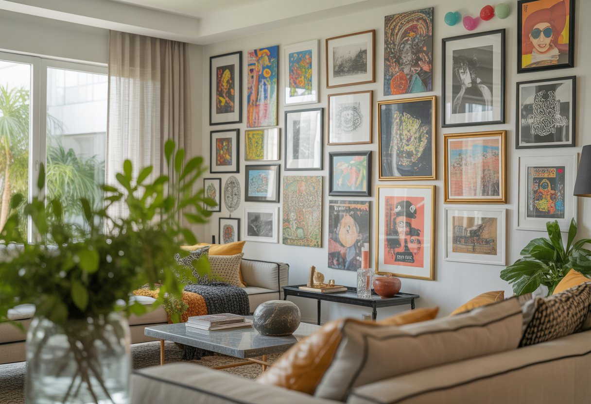A modern living room with a colorful gallery wall featuring various framed artworks, a sofa with pillows, a coffee table, and plants by large windows.