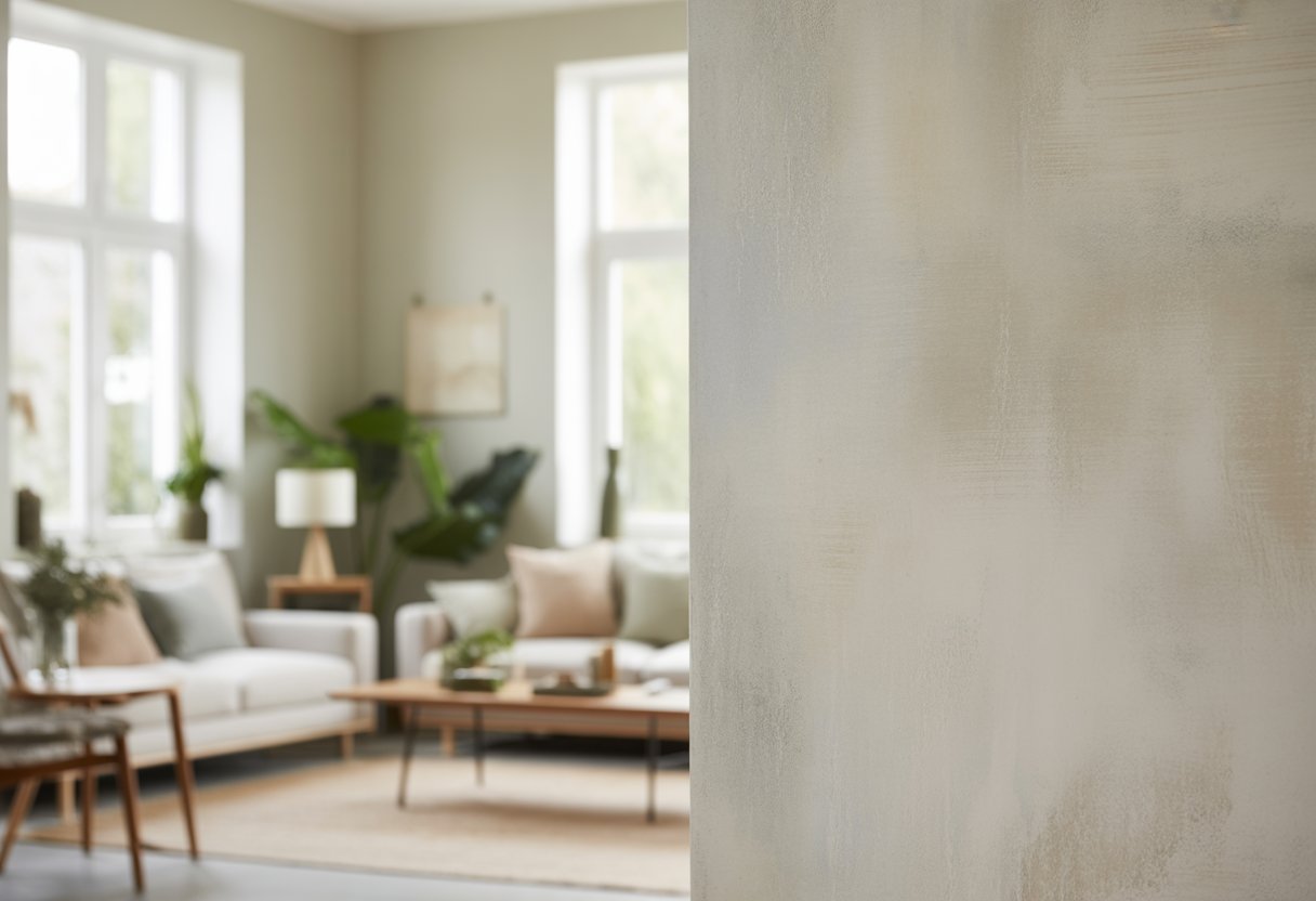 A bright, modern room with textured light-colored walls, minimalist furniture, natural wood accents, and green plants.