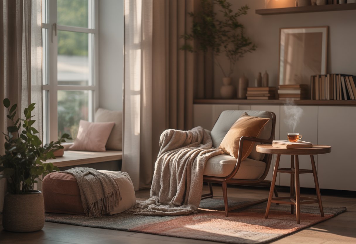 A sunlit cozy reading nook with an armchair, side table with books and tea, a rug, and a tall indoor plant near a large window.