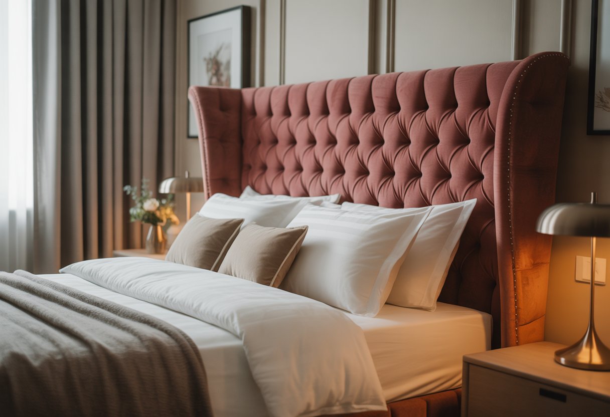 A bedroom with a tufted velvet headboard, neatly made bed, bedside table with lamp, and soft natural light coming through curtains.