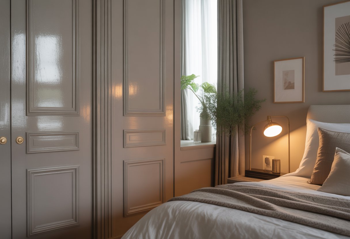 A bedroom with semi-gloss painted doors and window frames, elegant bedding, and natural light streaming through the window.