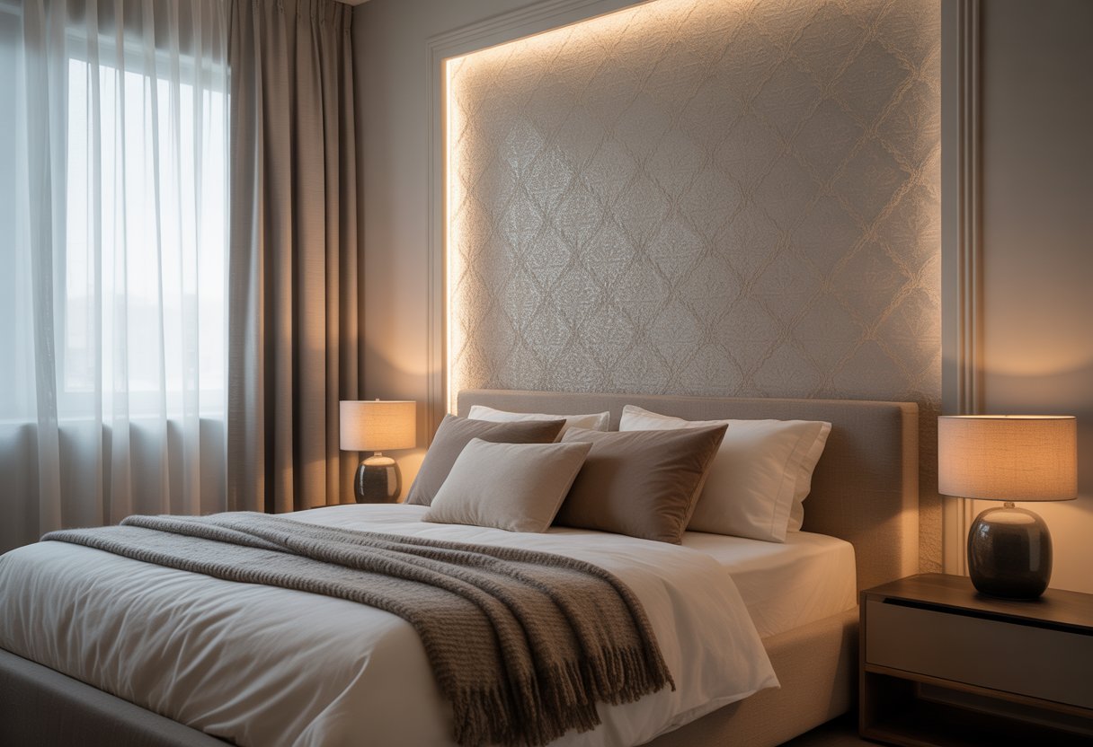 A bedroom with a textured wallpaper feature wall, a neatly made bed, bedside tables with lamps, and soft natural light coming through curtains.