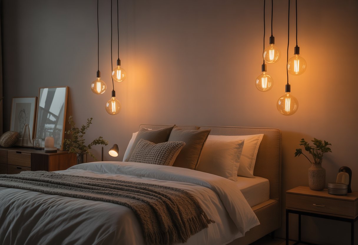 A bedroom with soft glowing Edison bulbs hanging above a neatly made bed with neutral linens and cozy decor.