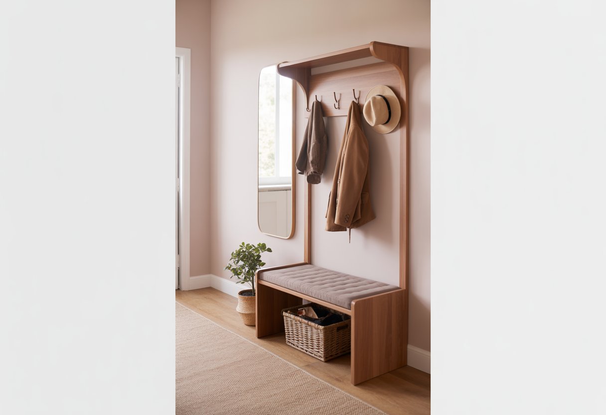 A small entryway with a wooden hall tree bench, hooks holding coats, a cushioned seat, a potted plant, a basket underneath, and a wall mirror.