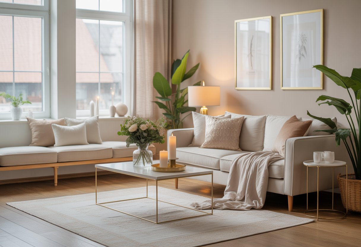 A bright living room with a cozy sofa, coffee table with flowers and candles, large windows with sheer curtains, wooden floors, framed art on the walls, and green plants.