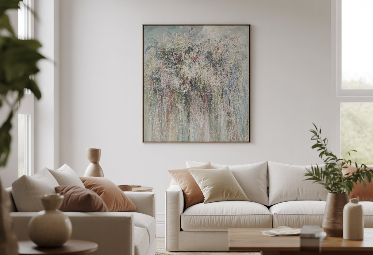 A modern living room with a large abstract painting on the wall, a beige sofa, wooden coffee table, and green plants near large windows.