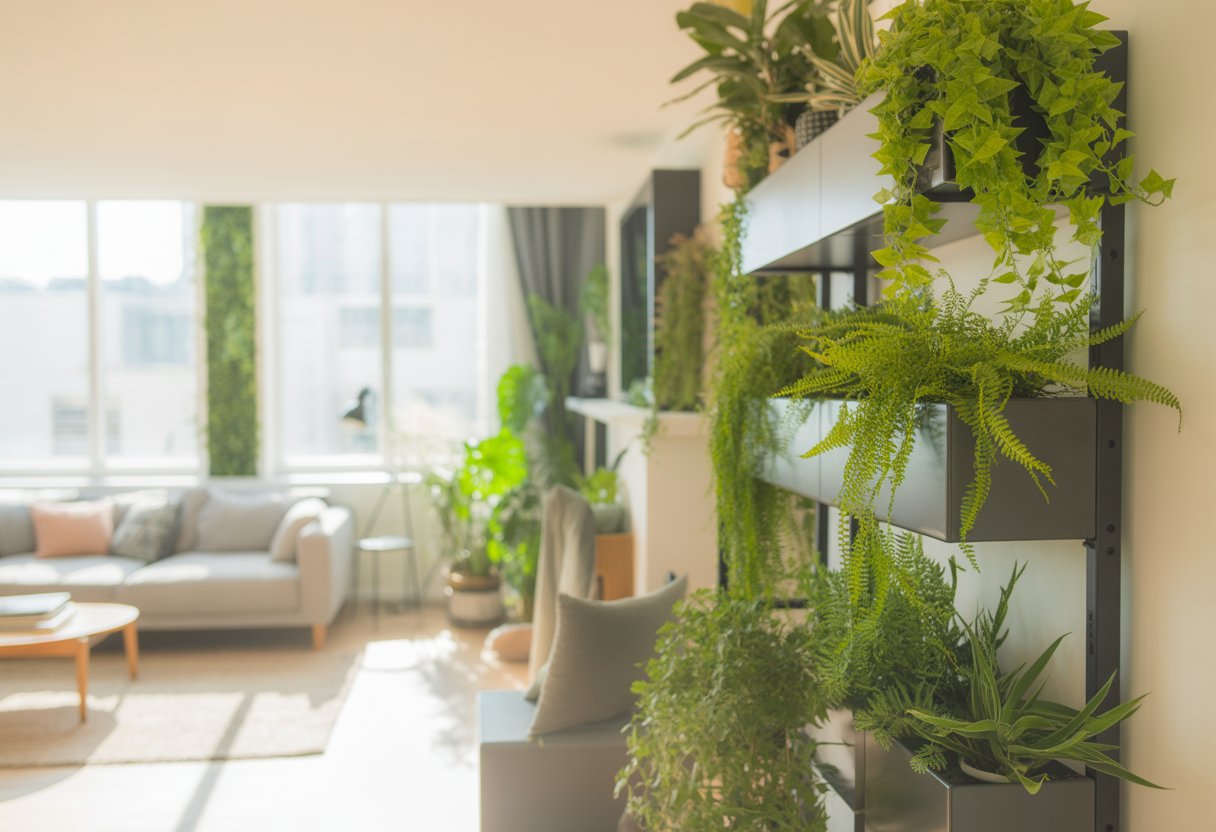 A living room with tall shelves and wall planters filled with green plants, a neutral sofa, and natural light coming through large windows.