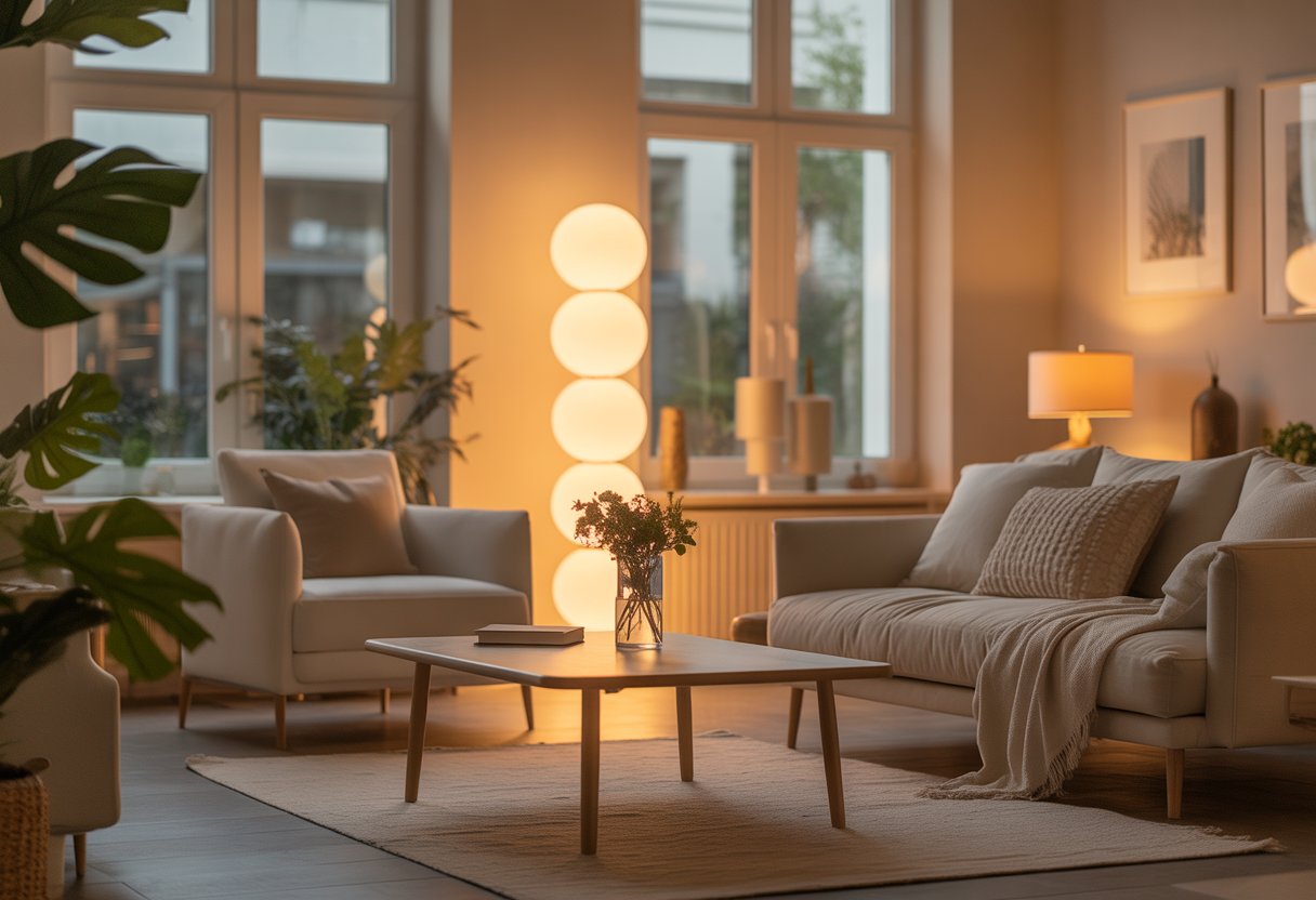 A modern living room with warm lighting, comfortable seating, and tasteful decor creating a cozy and inviting atmosphere.