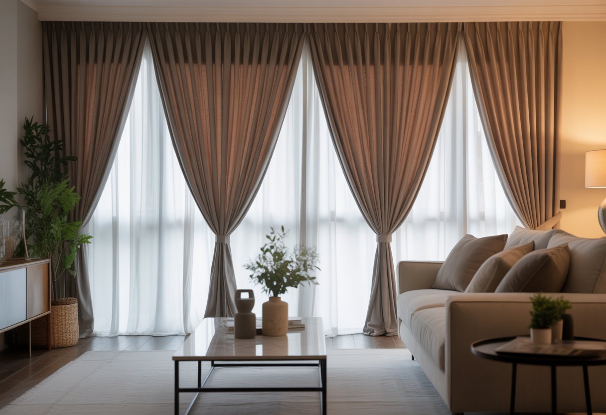 A bright living room with large windows covered by elegant curtains, modern furniture, and decorative plants.