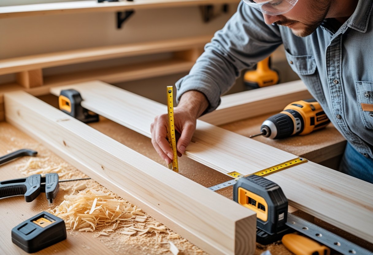 A person measuring and marking a wooden plank on a workbench with tools and partially assembled shelves nearby.