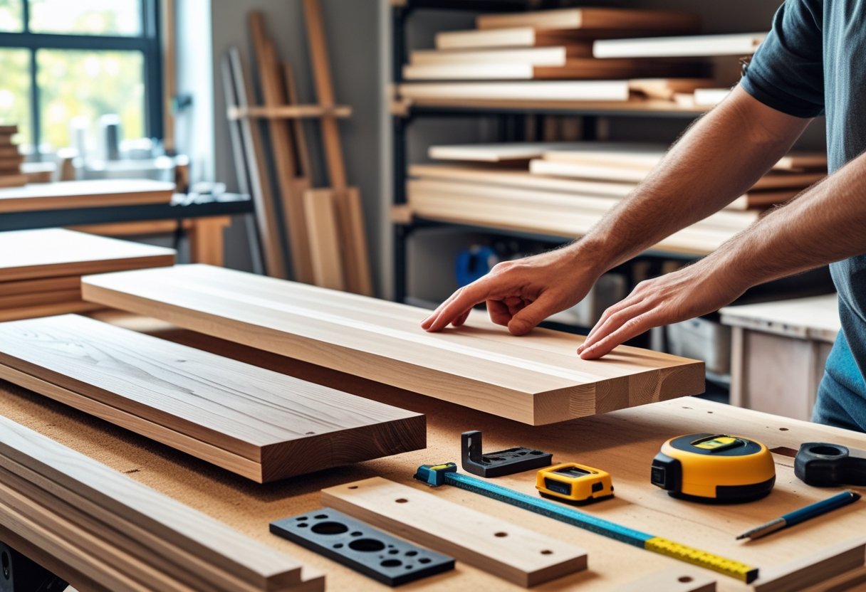 Hands selecting a wooden plank on a workbench surrounded by woodworking tools and materials for building a floating shelf.
